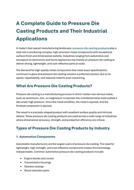 A Complete Guide to Pressure Die Casting Products and Their Industrial Uses